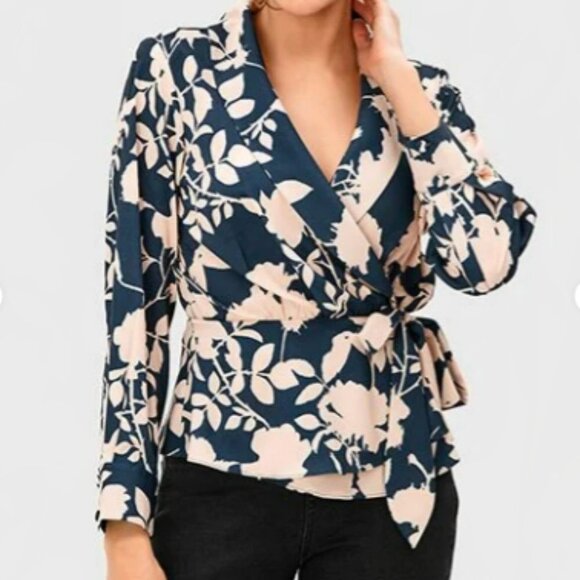 Wayward Fancies eShakti Blue Beige Floral Print Crepe Ruched Wrap Top Blouse - Picture 1 of 5